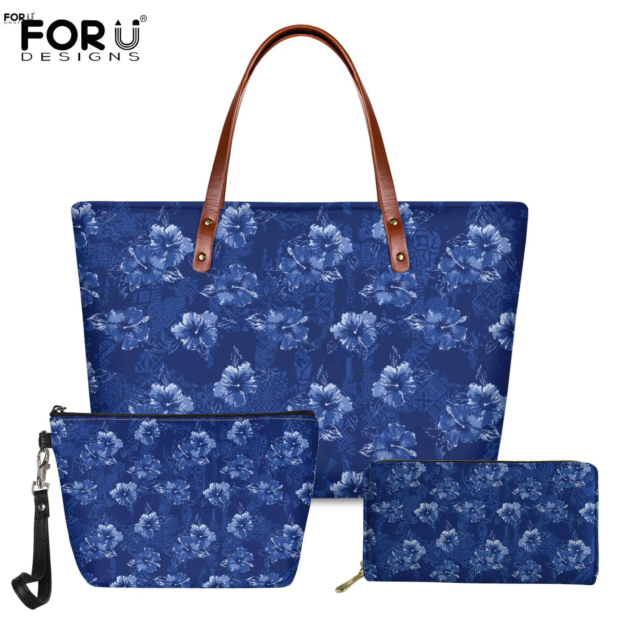 

FORUDESIGNS Beautiful Hibiscus Flower Pattern Lady Shoulder Bag Fashion Large Tote Bag for Women with Pu Wallet and Cosmetic Bag