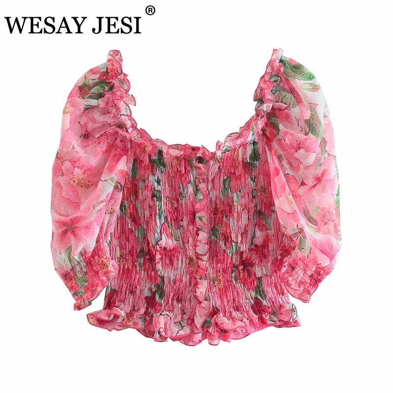 

WESAY JESI 2021 Spring New Women's Top Flower Printed Puff Sleeve Top Slim Pullover Fashion Retro Temperament Personalized Top