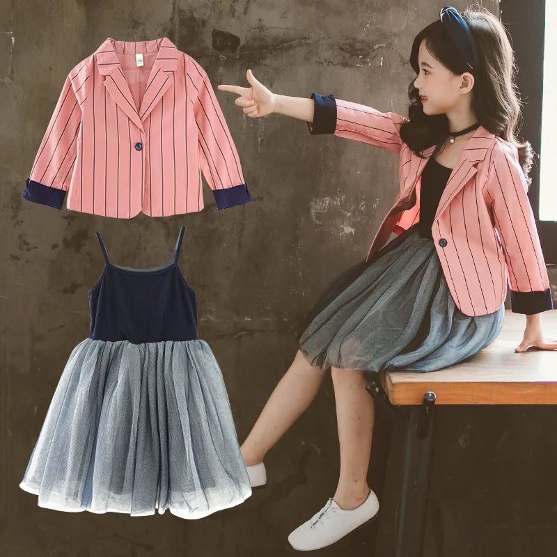 2019 New Arrival Girls Fashion Suit Jacket Dress 2 Pieces Elegant Lady Style Striped Coat Princess For 3-12 Year Old |