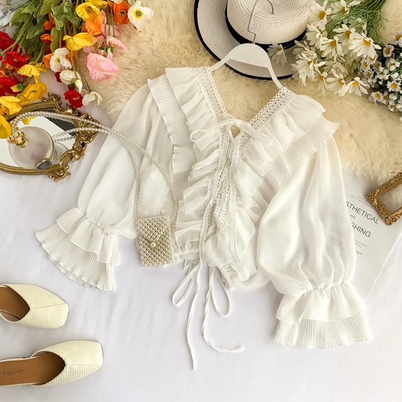 2019 Новая модная женская шифоновая рубашка женский кружевной топ с V-образным