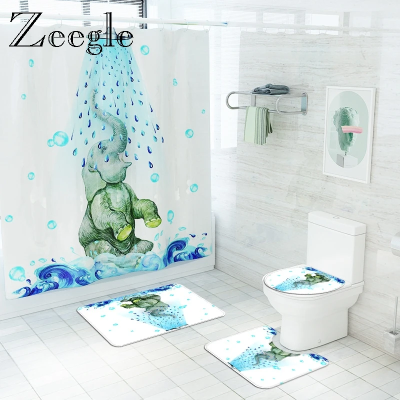 

Anti-slip Bath Mat and Shower Curtain Set Absorbent Shower Floor Rug Cartoon Style Bathroom Carpet Flannel Toilet Seat Cover Mat