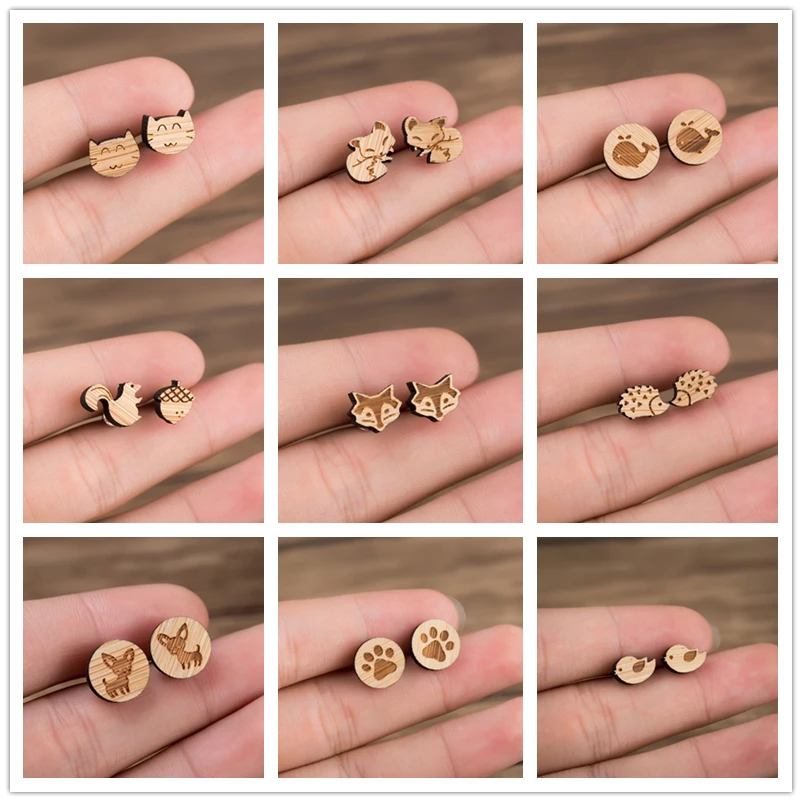 Уникальные деревянные серьги ручной работы в виде лесных животных гвоздики из