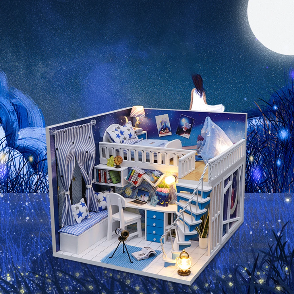 

Кукольный домик «сделай сам» с реалистичной мебелью, чехол со светодиодной подсветкой и батареей, деревянный тематический коттедж, 3D пазлы,...