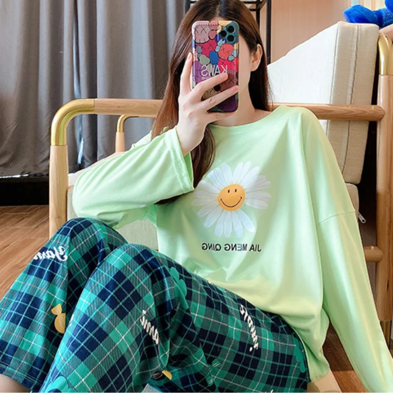 2 Pieces Set Soft Autumn Summer Women Pajamas Sets Minne Mouse Printed Sleepwear Tops and Pants Female Leisure Nightwear Suit