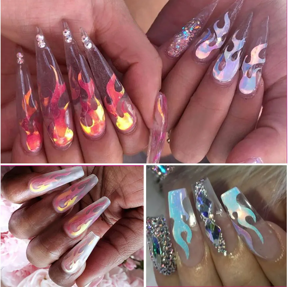 BUKAKI серебро пламя ногтей голографическая Strip16PCS DIY тонкая Лазерная пленка для ногтей стикер красочный 3D дизайн ногтей