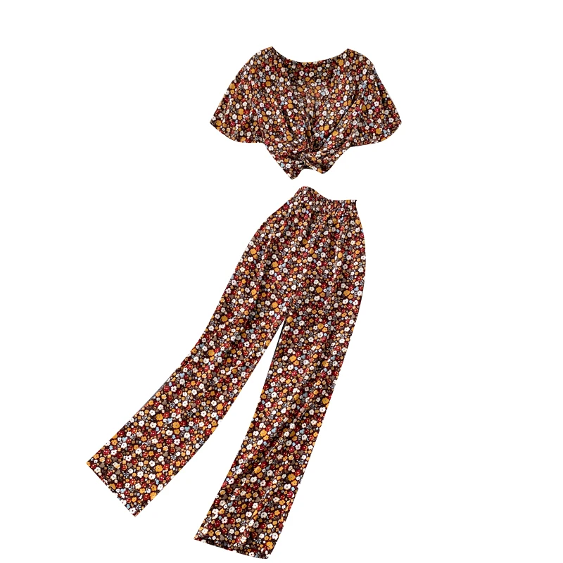 

Holiday 2020 New Fashion Women's Round Neck Short Sleeve Print Short Tops + High Waist Wide Leg Pants Two Piece Sets Q229