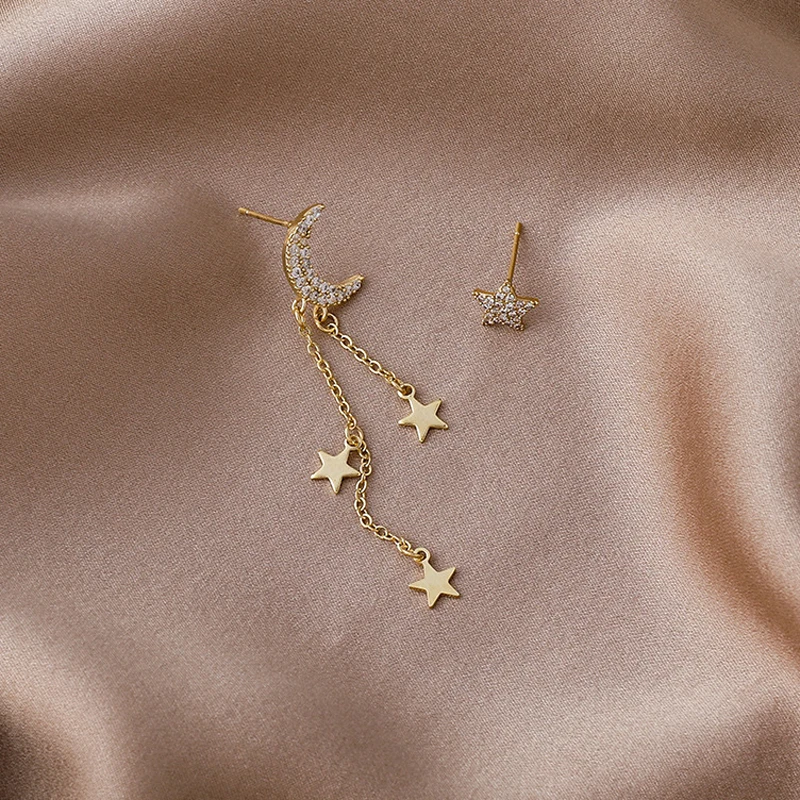 

Cute Moon Stars Tassel Earrings For Women Girls Fashion Statement Jewelry Banquet Female Asymmetry Rhinestone Ear line Brincos