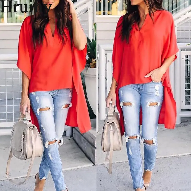 

Short Sleeve Shirt Casual Solid Color Fashion New Arrival T Shirt Women V Neck Irregular Hem Streetwear Women's T-shirt