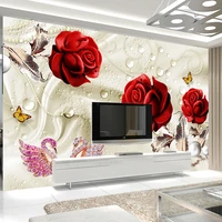 custom photo 3d stereoscopic red rose swan jewelry living room tv background wall mural waterproof silk cloth wallpaper flower