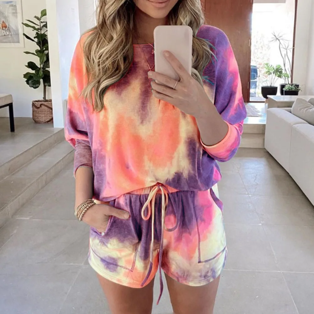 

Tie Dye Sport Suits Sets Women 2Pieces Plus Size Tracksuit Fashion Short Sleeve T-Shirt+Biker Shorts Female Active Wear S-3XL