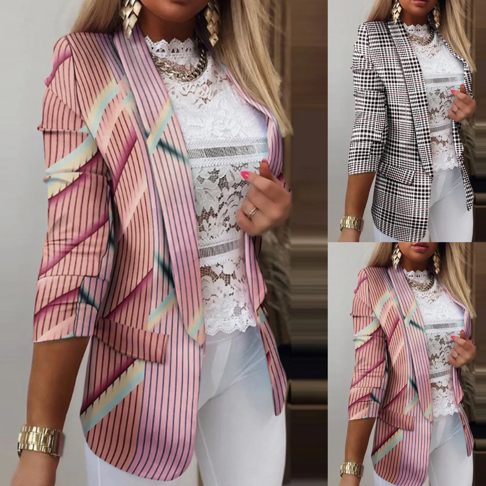

Women Fashion Rainbow Printed Notched Collar Cardigan Autumn Spring Women Elegant Casual Long Sleeve Coat Office Lady Blazers