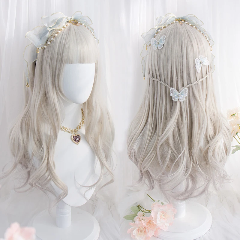 

Light Grey Lolita Wig Harajuku Fairy Cosplay Bangs Gray Curly Wavy Long Sweet Fringe Adult Girls Hair