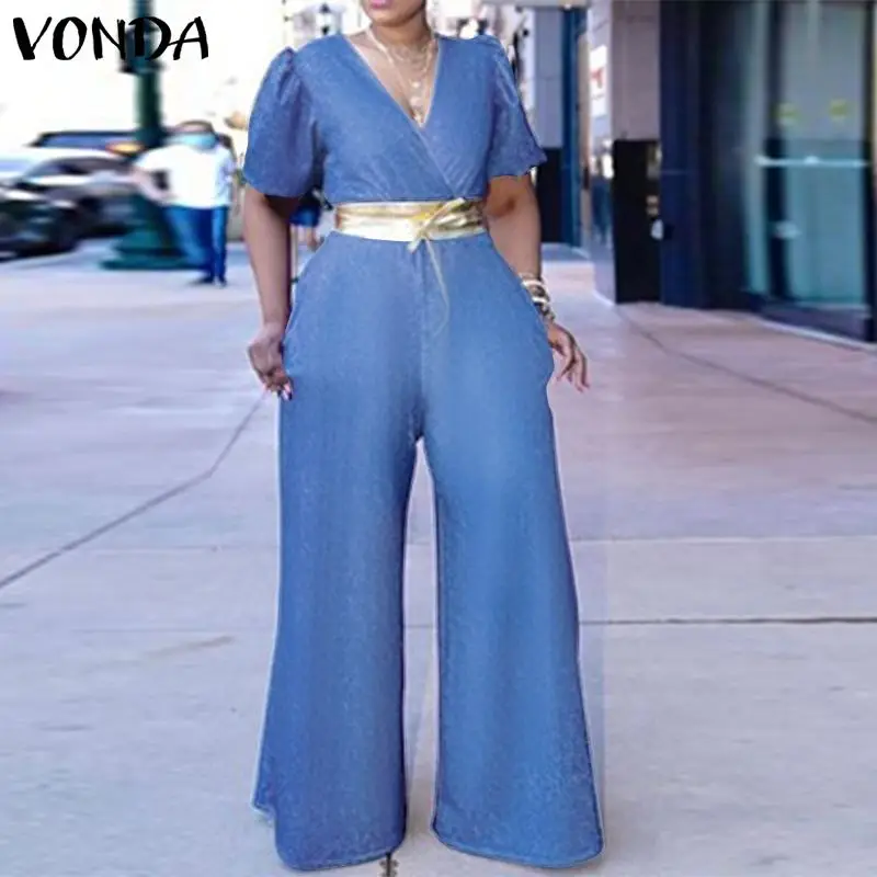 

Женские джинсовые комбинезоны, винтажные комбинезоны с глубоким V-образным вырезом, офисные женские брюки с широкими штанинами 2021 VONDA, повсе...