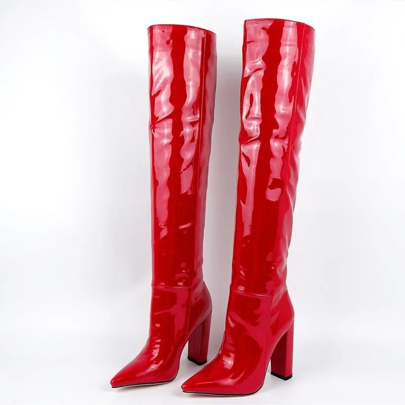 

Women Patent Leather Thick High Heels Over-the-Knee Boots Plue Size 34-43 New Brand Red Pointed Toe Ladies Shoes Western Boots