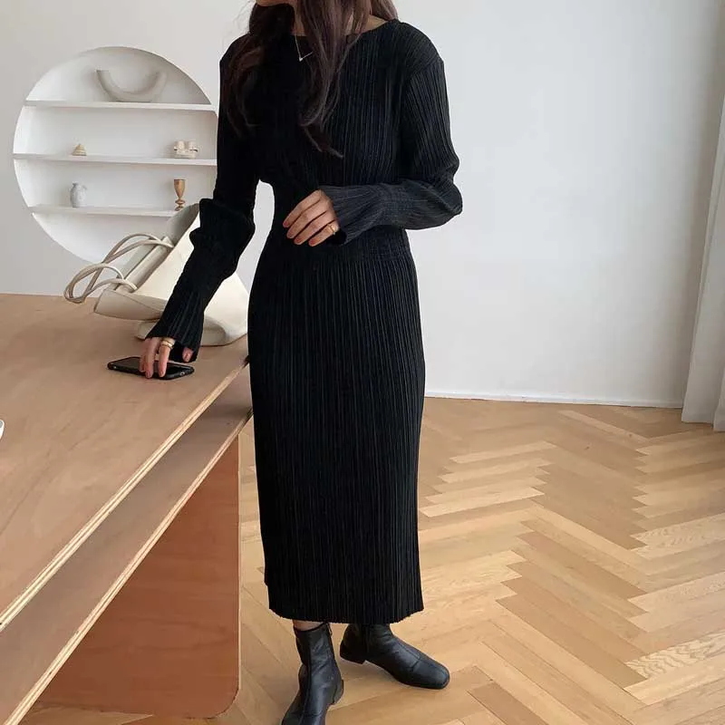

Woman Slim Long Sleeve Dress Vintage Elegant Office Black Dress 2021 Spring Autumn Fashion New Women Dress One-Piece Long Dress