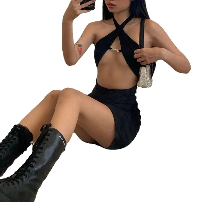 

2021 Sexy Halter Ladies Short Skirt Night Club Black Sleeveless Club Hollow Halter Female Banquet Dress