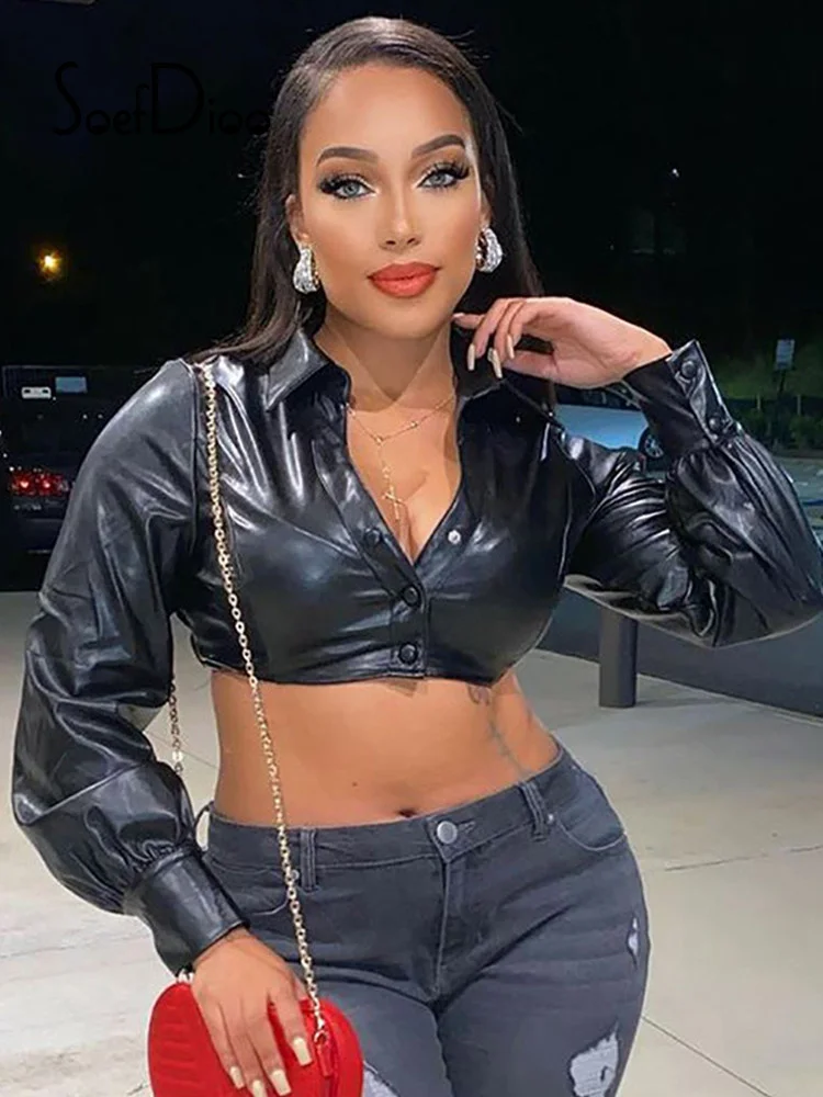 

Soefdioo Black Faux Pu Leather Jackets Casual Lapel Long Sleeve Button Up Crop Coats Women Clothing Winter 2021 Sexy Streetwear