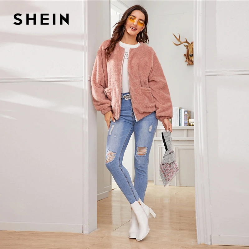 SHEIN розовая однотонная повседневная куртка на молнии спереди, пальто, женская зимняя уличная одежда, длинный рукав, двойной карман, женская верхняя одежда