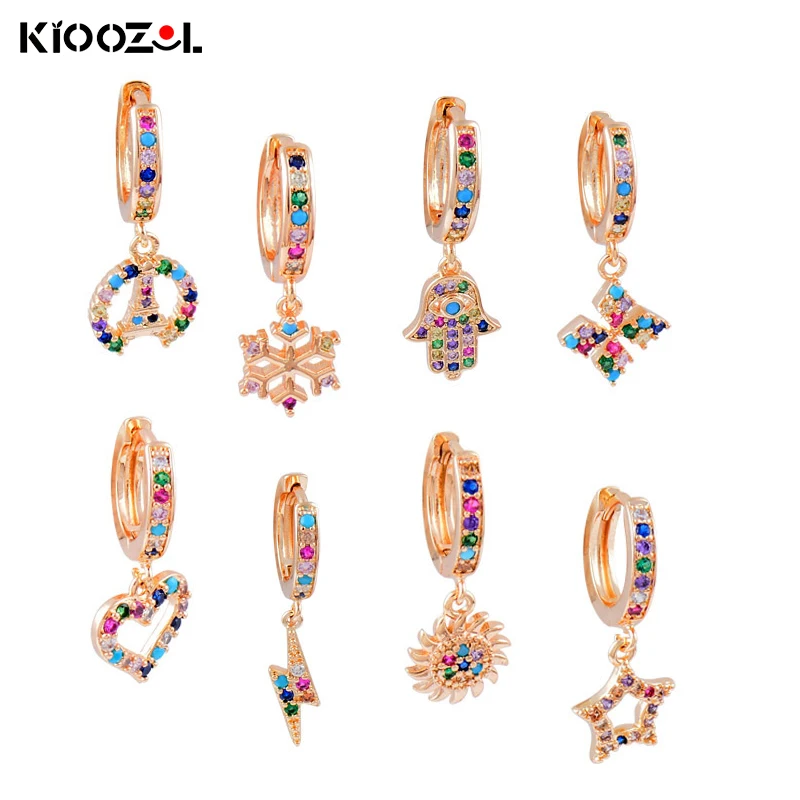 

KIOOZOL Colorful Five pointed Star Love Heart Snowflake Shape Pendant Micro inlay CZ Gold Earrings Women Retro Jewelry 543 DP1
