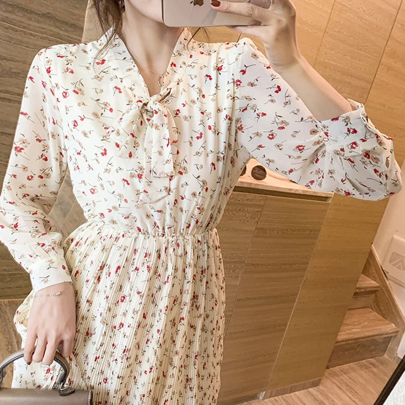 

Floral Women Dresses Summer 2021 Long Sleeve Maxi Chiffon Casual Dress Scarf Collar Robe Longue Grande Taille Fashion Cyber Y2k