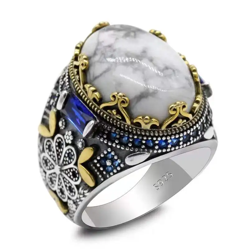 

Solid S925 Sterling Silver Men's Ring Set Oval Oval 13*18 Natural White Turquoise Turkish Silver Jewelry for Father Gifts
