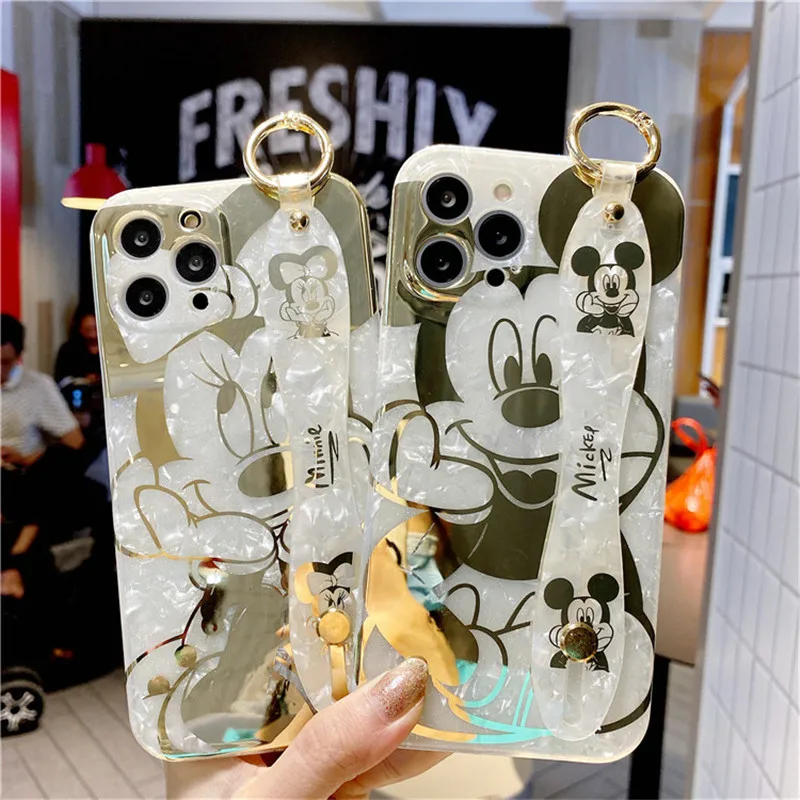disney mickey minnie mouse bronzing case pattern mobile phone case wristband for iphone 13 12 11 pro max cases xr xs x 7 8 plus free global shipping