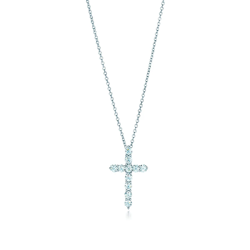 

1:1 Tiffon925 Sterling Silver European And American Classic Style Inlaid Zircon Cross Necklace, Valentine's Day Jewelry Gift
