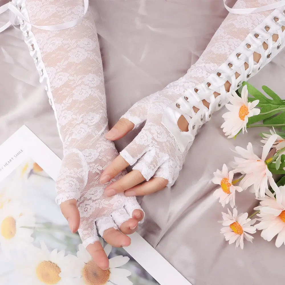 

1 Pair Night Club Party Cosplay Ritual Dance Fingerless Punk Mittens Gothic Gloves Silk Ribbon Lace Gloves