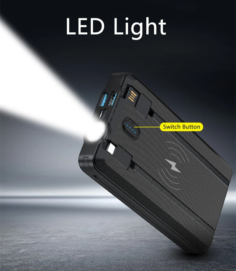 

30000mAh Qi Wireless Charger Solar Power Bank for iPhone 12 Samsung S20 Xiaomi Poverbank Built in Cables Fast Charging Powerbank