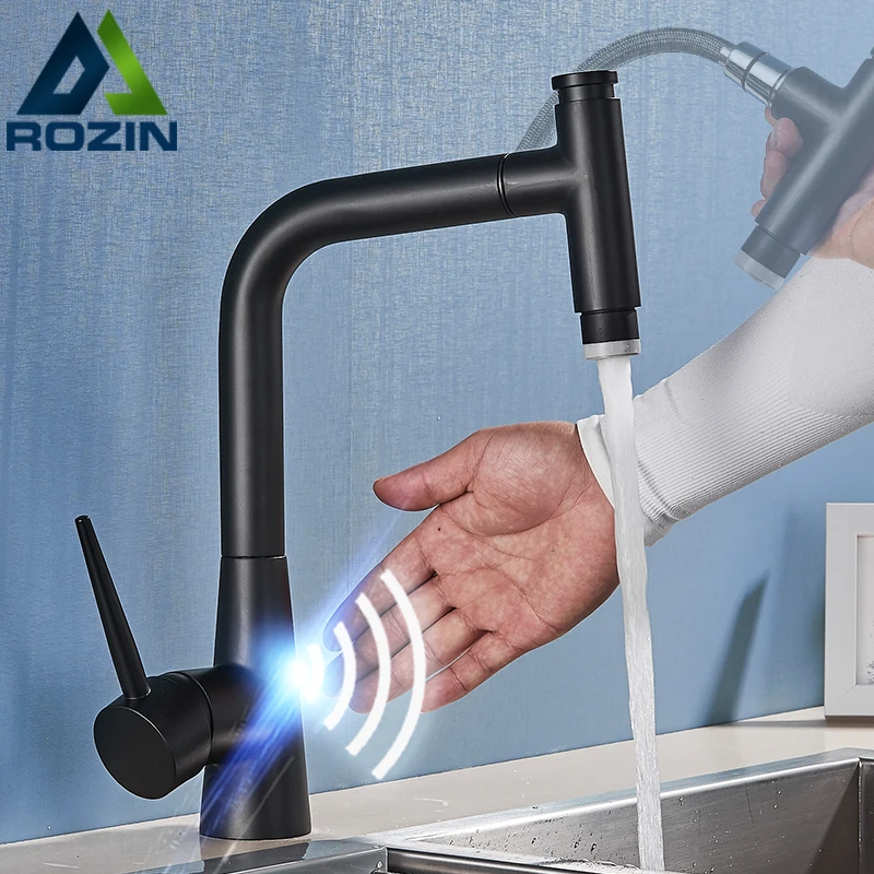 Кухонный Смеситель Rozin Touch Sense черный выдвижной Поворотный кухонный смеситель с