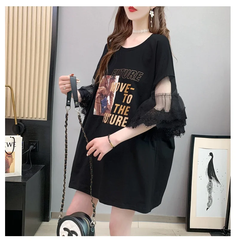 

2021 Summer Mid-Length Lace Petal Sleeve Women T-shirt Skirt Loose Korean Style Ladies Tees New Fashion Crew Neck Backless Tops