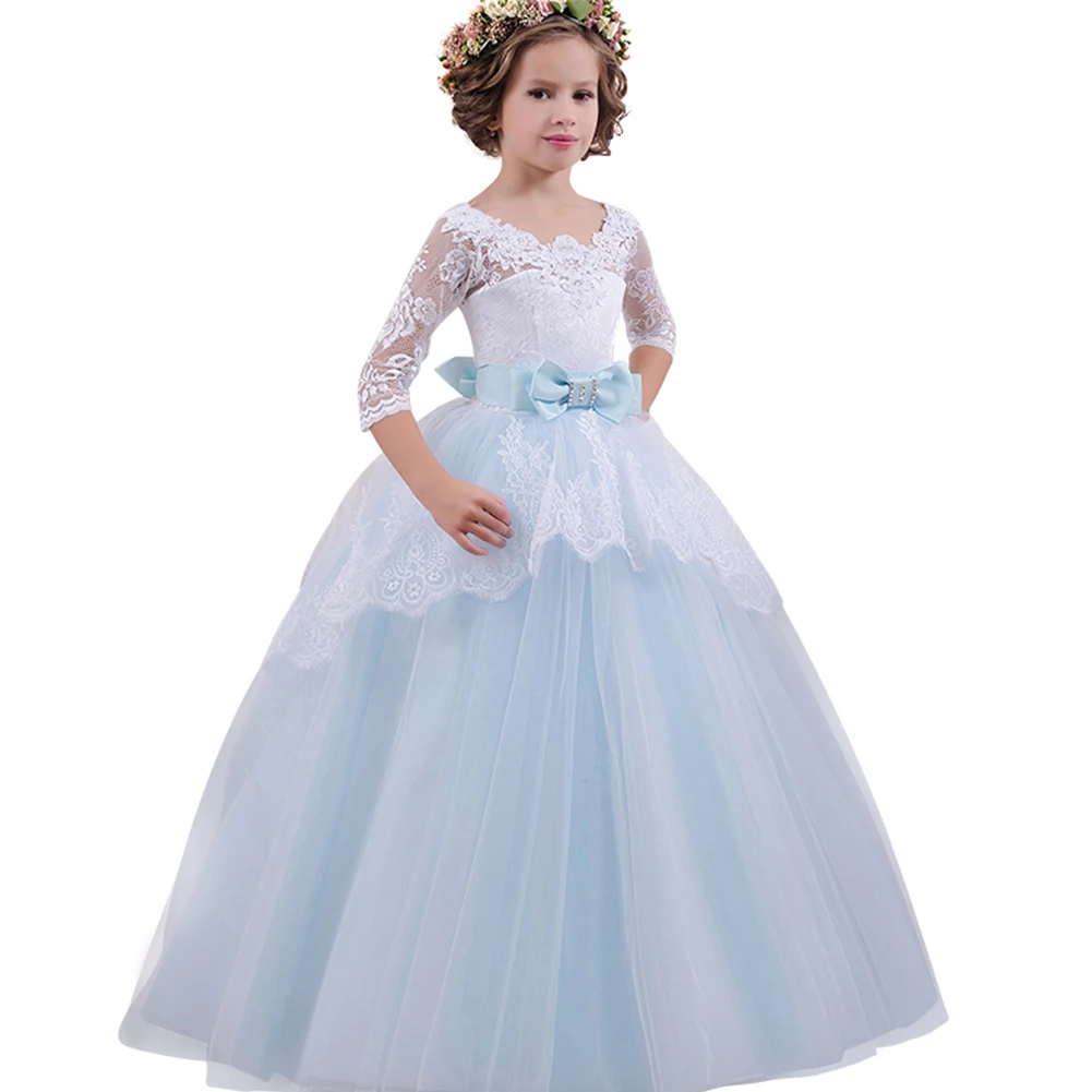 

Kids Lace Embroidery Ball Tulle Wedding Dress Princess Party Formal 3/4 Sleeve Maxi For 5-12Y