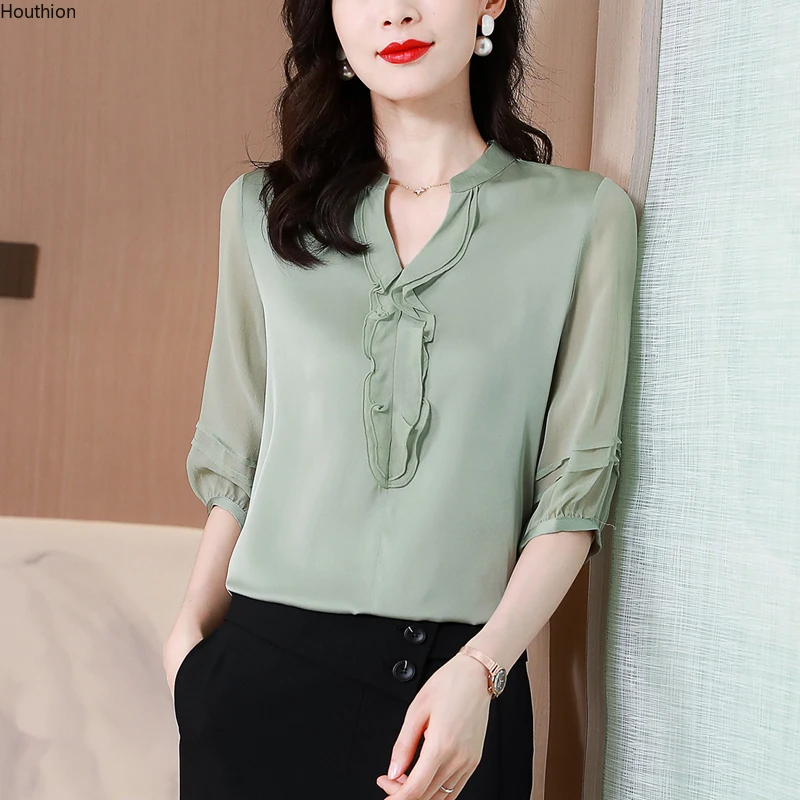 

Loose Women's Blouse Summer Top Solid Color Fashion Blouses Casual V-neck Shirts The New Chiffon Tops 3/4 Sleeve Shirt 10011