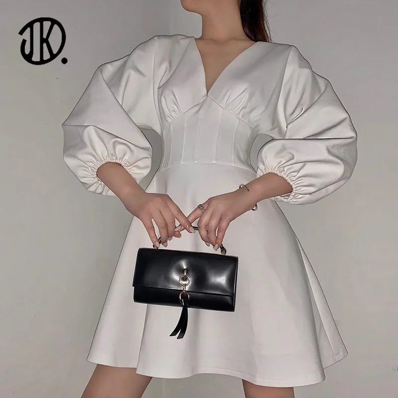 

Elegant Women Lantern Sleeve Dress Sexy V Neck Dresses 2021 Spring Slim Waist Female Spring A-line Dress Femme Pleated Vestidos