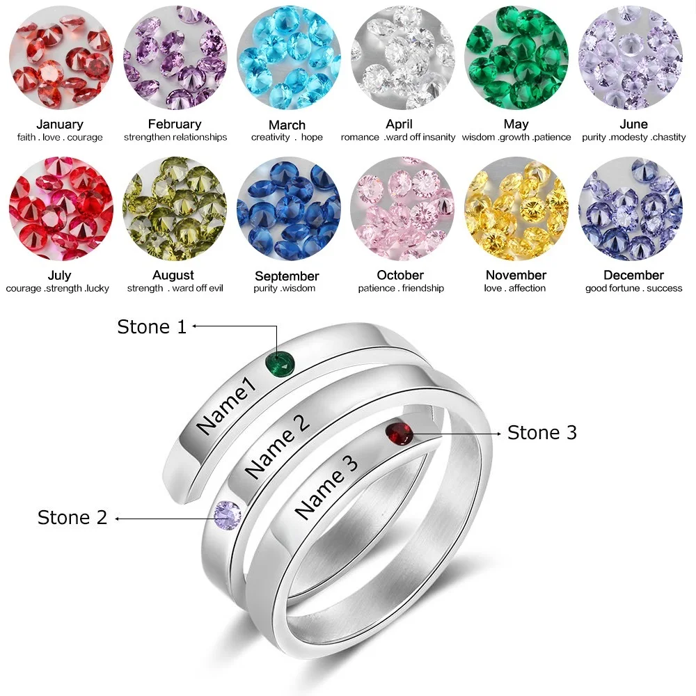 Женское кольцо из нержавеющей стали с 3 камнями по месяцу