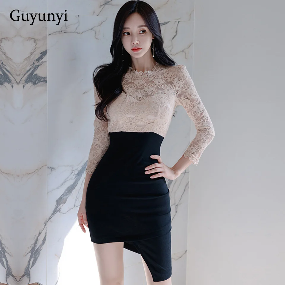 Женское офисное платье весеннее привлекательное Кружевное облегающее черное