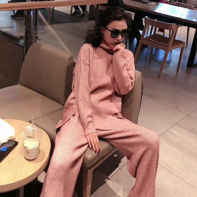 

2020 Women Korean Winter Knitting Sweater Pants Suit Knitted Pullover Turtleneck Long Sleeve Top & Wide Leg Pant 2 Peice Set A37