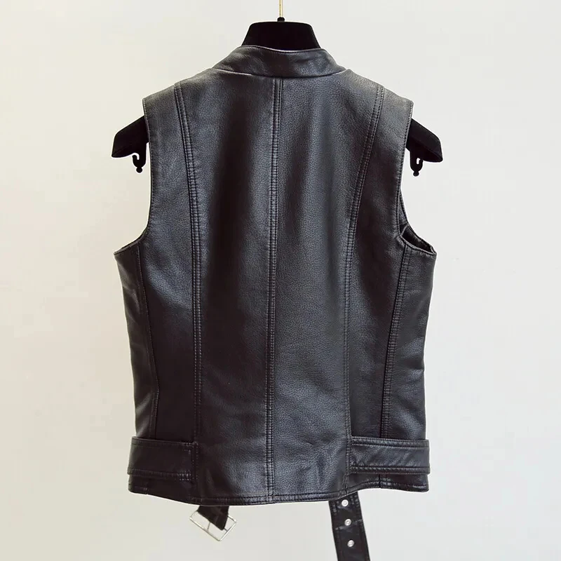 

Leather Vest Women's Spring Autumn New Leather Jacket Stand-up Collar Belt Body Warmer Locomotive Sleeveless PU Leather Vest