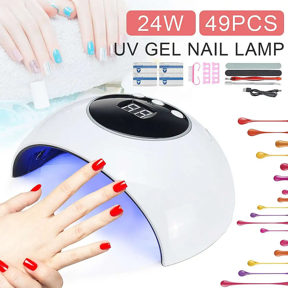 

24W Smart Nails Curing 9 LED Lamp Kit Led Nail Light Nail Dryer Lamp UV LED Gel Nail File Pusher Horn Brush Nail Art Tool Set