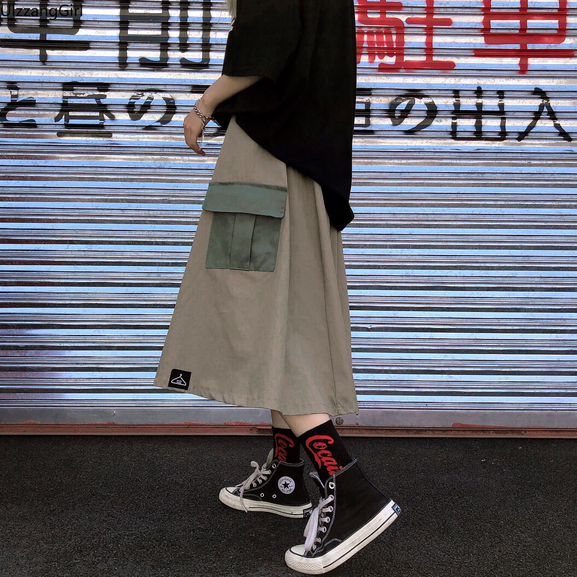 Хаки камуфляж зеленый карман Высокая талия карго уличная Harajuku Корейская женская мода свободная А-силуэт длинная юбка миди летняя Mori Girl