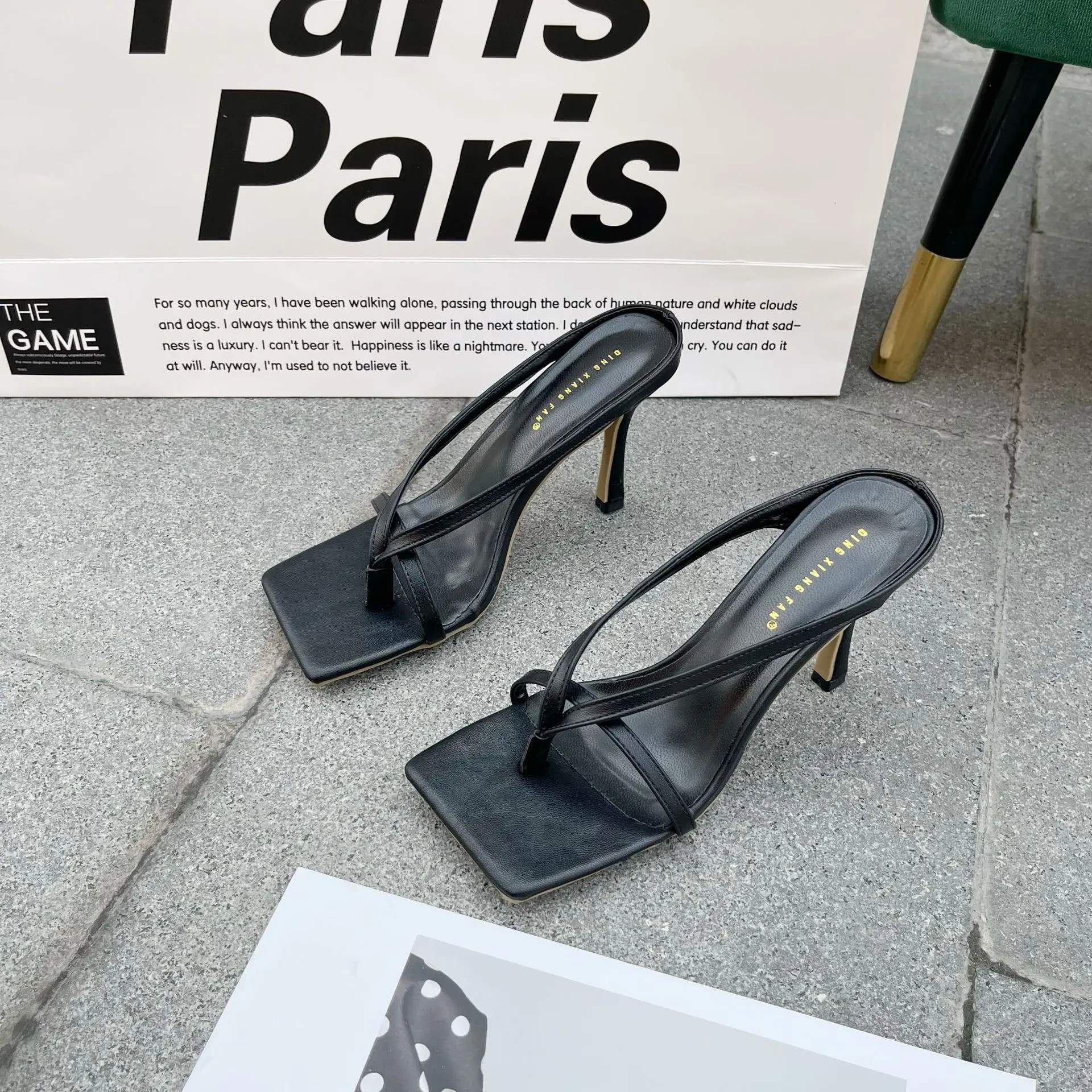 

Med Beige Heeled Sandals Slippers Soft Rubber Flip Flops Shoes Slides Fashion Square Toe Cross-Tied Candy Colors Slipers Women B