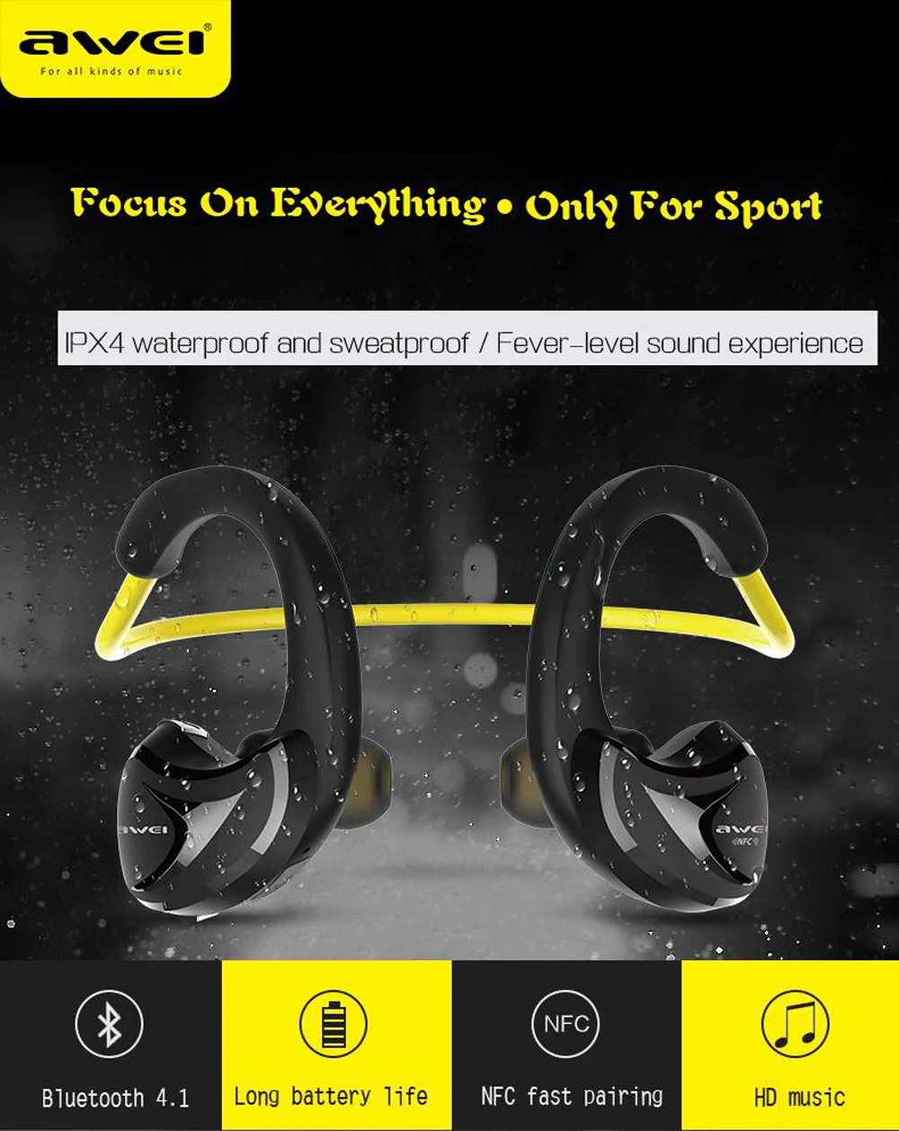Awei A880BL Wireless Bluetooth Headphone Earphones AptX Sports Earhook for Cycling Gym with NFC