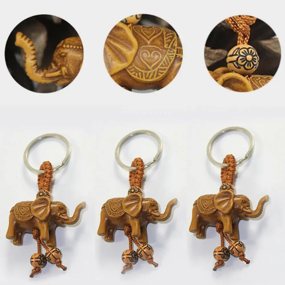 

Women Men Lucky Wooden Elephant Carving Pendant Keychain Religion Chain Key Ring Keyring Jewelry Wholesale cute keychain