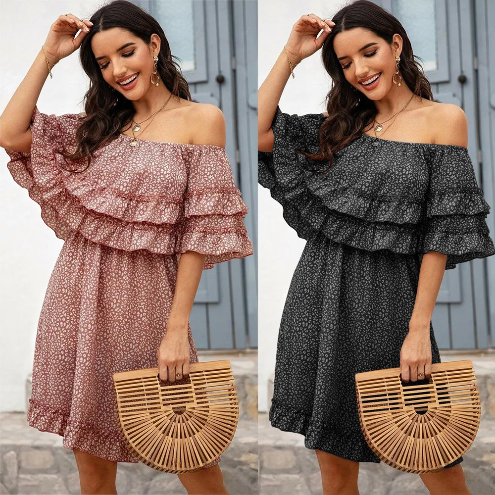 

2020 Spring New Bohemian off-Shoulder Polka Dot Half-Sleeve Shirt Wooden Ear High Waist Dress