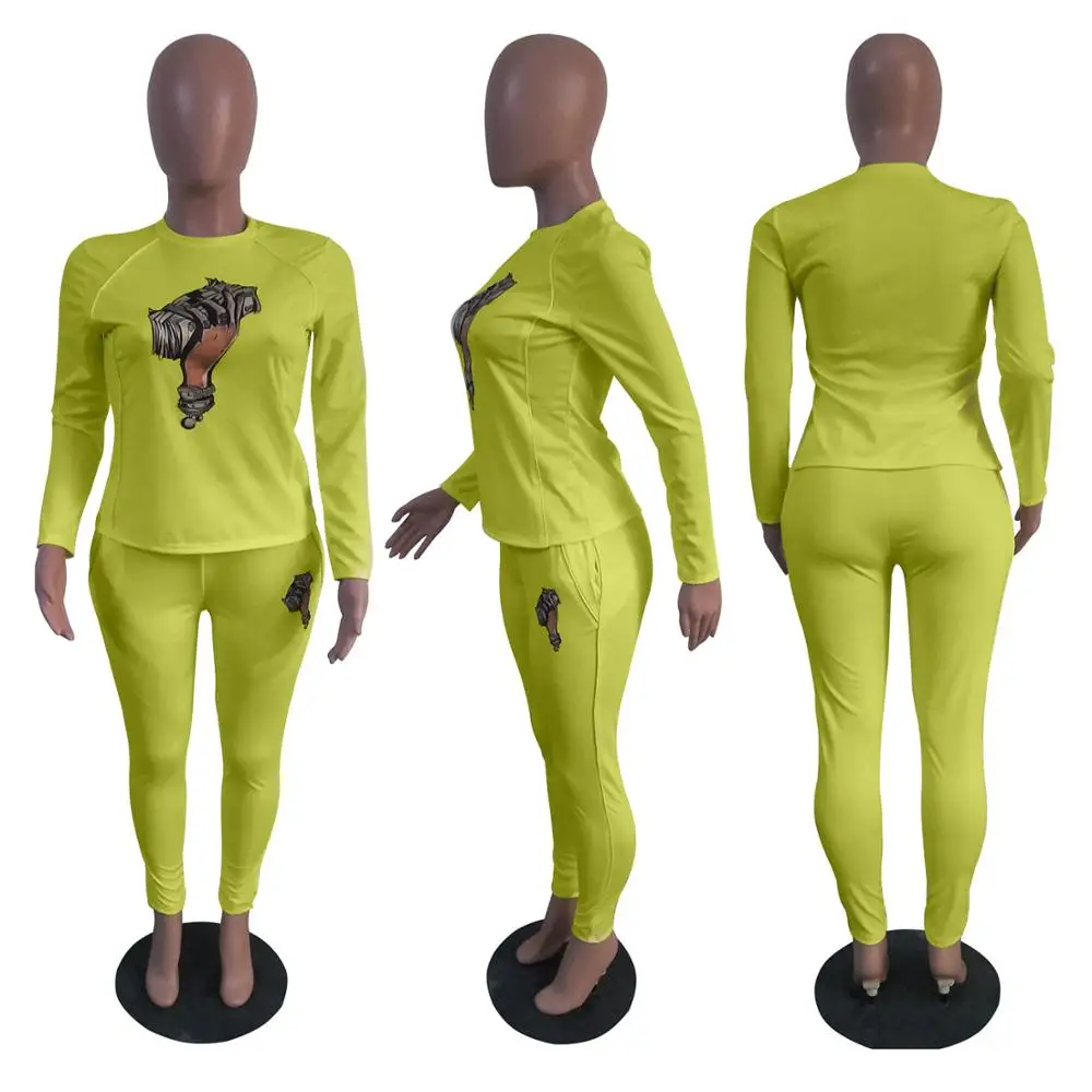 GL зимний женский комплект длинный рукав пэчворк принт футболка карандаш брюки