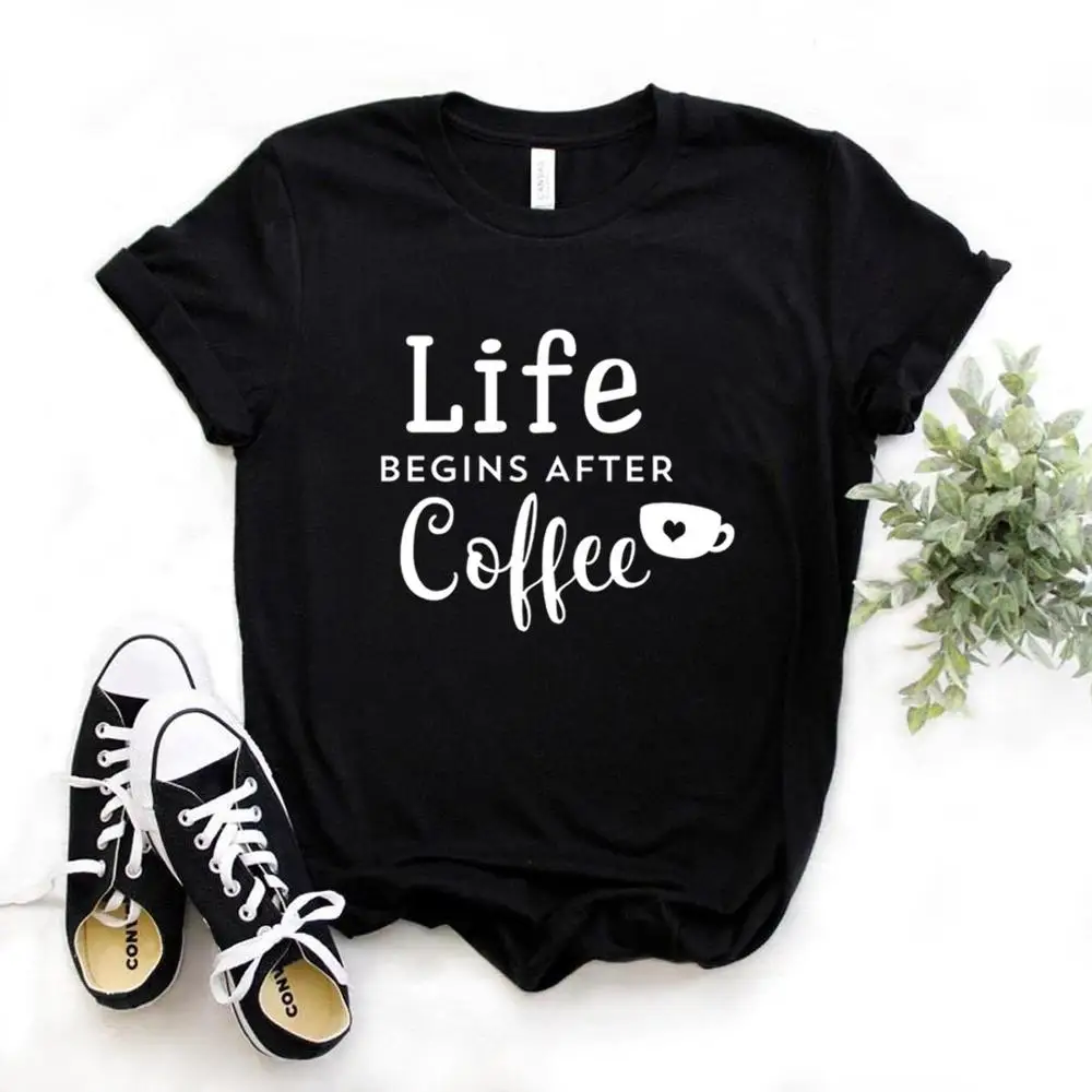 

Женская футболка с принтом «Жизнь начинается после кофе», Женская свободная футболка с коротким рукавом и круглым вырезом, Женская Повседн...