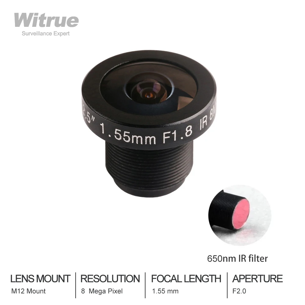 

Witrue Fish Eye Lens HD 8MP 1.55mm 1/2.5" formate F2.0 M12 Mount with 650nm IR Filter for Action Cameras