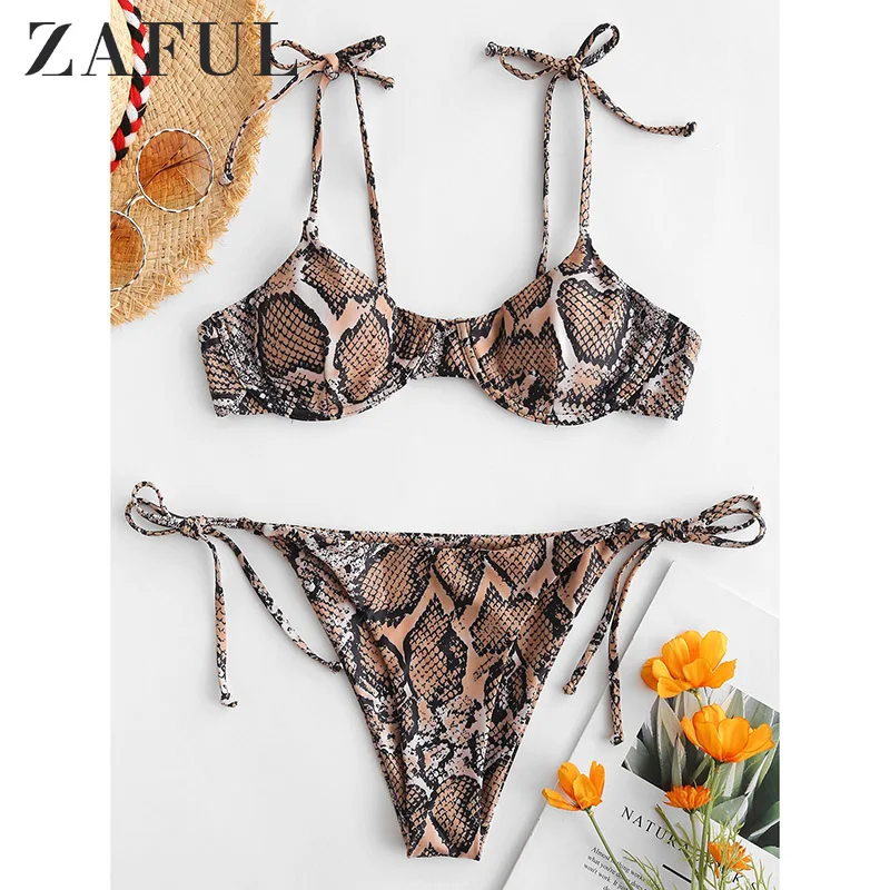 

ZAFUL Snake Print Underwire Balconette Reversible Bikini Sets Back Cross Thong Two Pieces Swimsuits Girl Beach Bathing Suits
