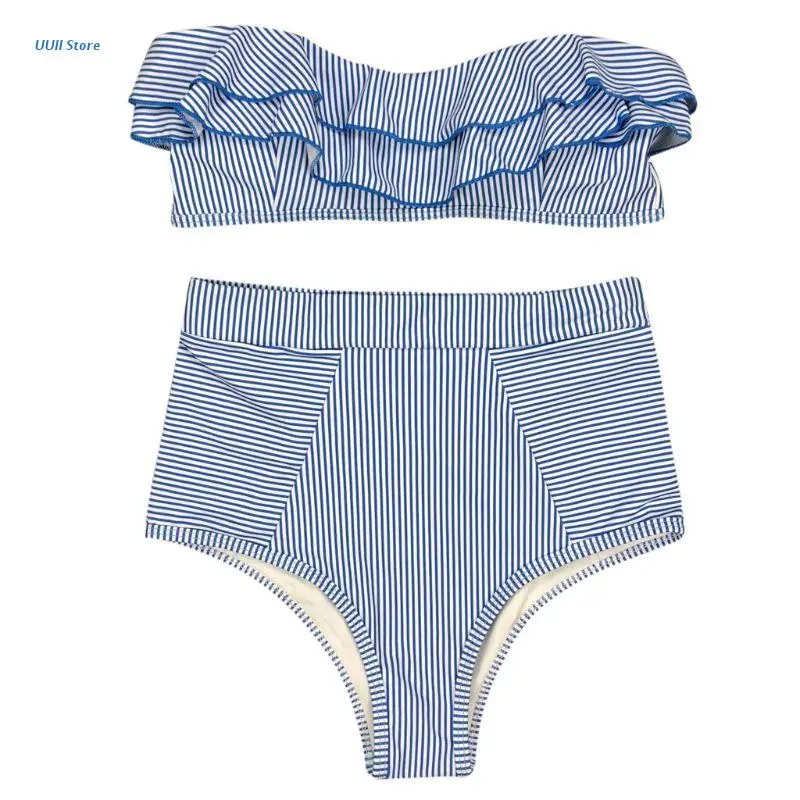 

XX9D Womens Sexy Two Piece Bikini Set Strapless Ruffled Bandeau Tube Top High Waist Thong Swimsuit Vintage Striped Print Bathing