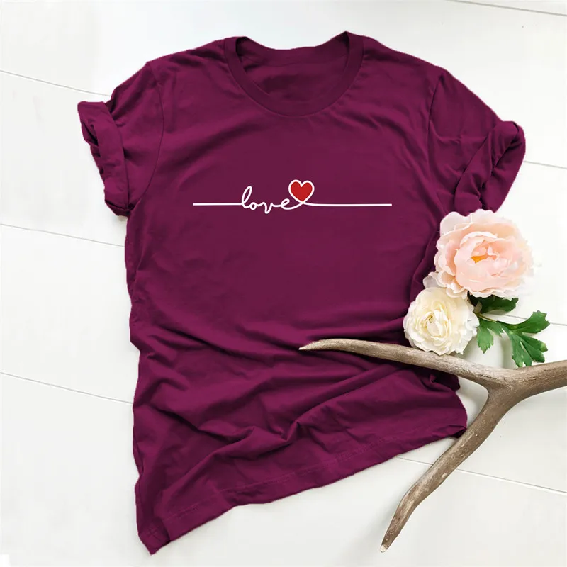 

Plus Size T-Shirt Women New Love Heart Print Women Shirts O Neck Short Sleeve Tees Top Summer 100% Cotton Woman Tshirts